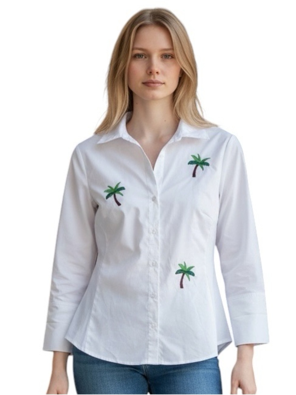 ZAC & RACHEL Button Down Shirt Palm Tree Embroidery 3/4 Sleeve Women’s Small